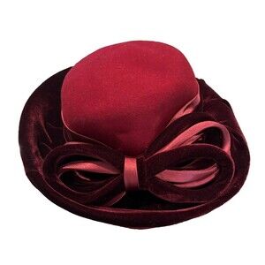 August Vintage Wool/Velvet Tea Party Church Hat Bordeaux Red Dramatic Bow Accent
